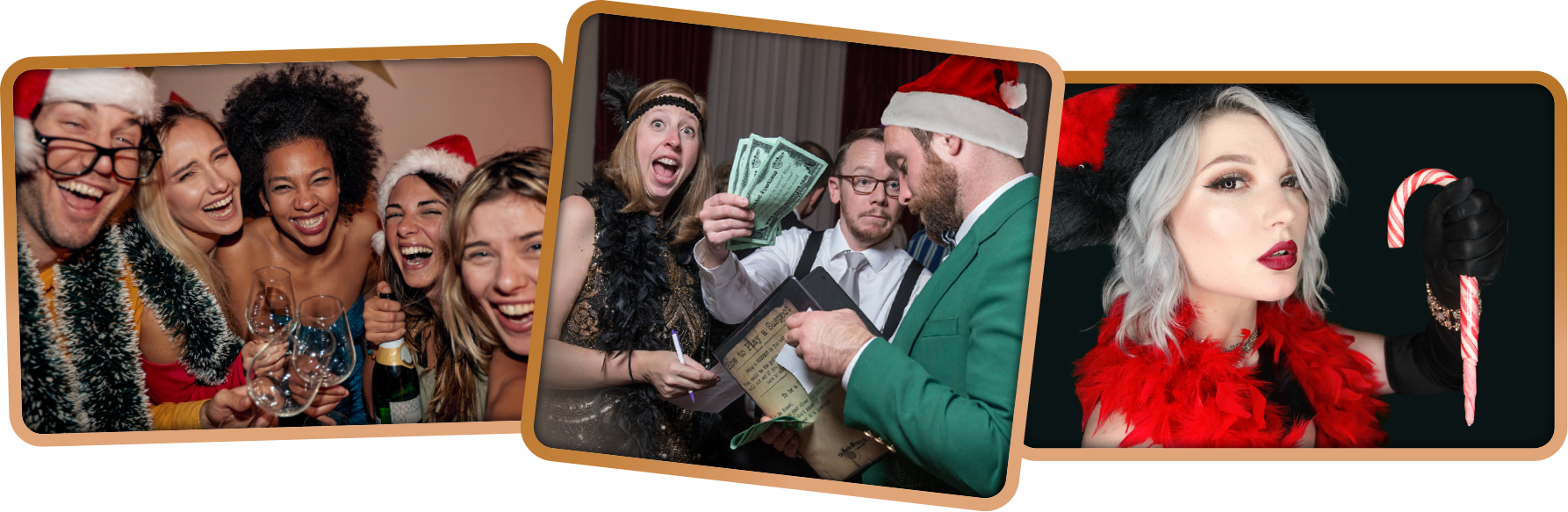 A group of friends, three murder mystery participants, and a vengeful elf at Christmas murder mystery parties.